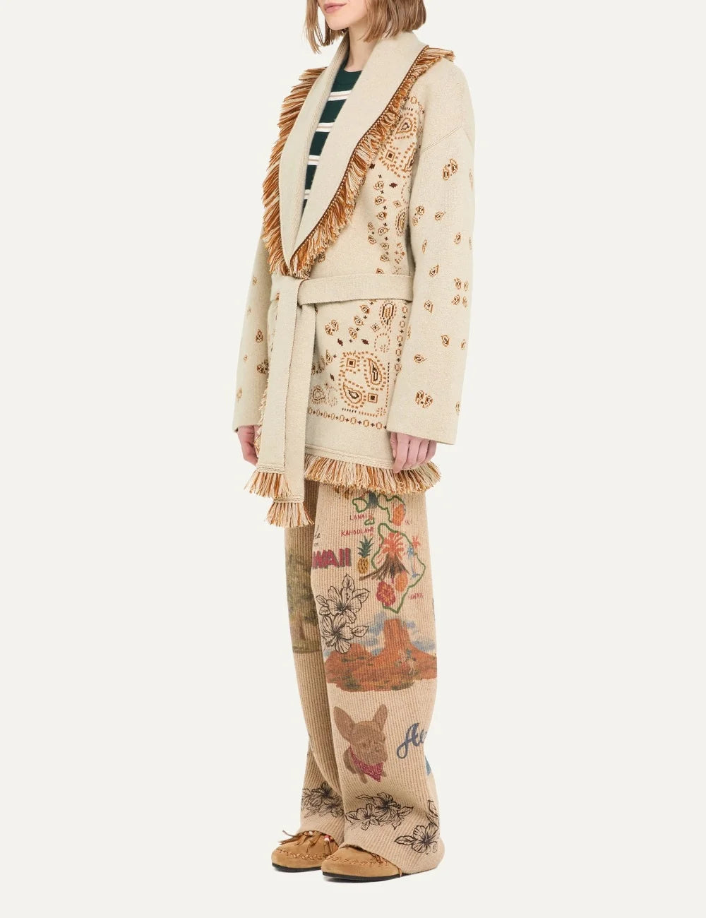 Alanui women Bandana Jacquard ecru cashmere cardigan with brown pattern fringes and tie belt side