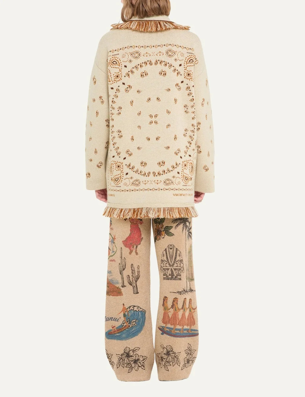Alanui women Bandana Jacquard ecru cashmere cardigan with brown pattern fringes and tie belt back