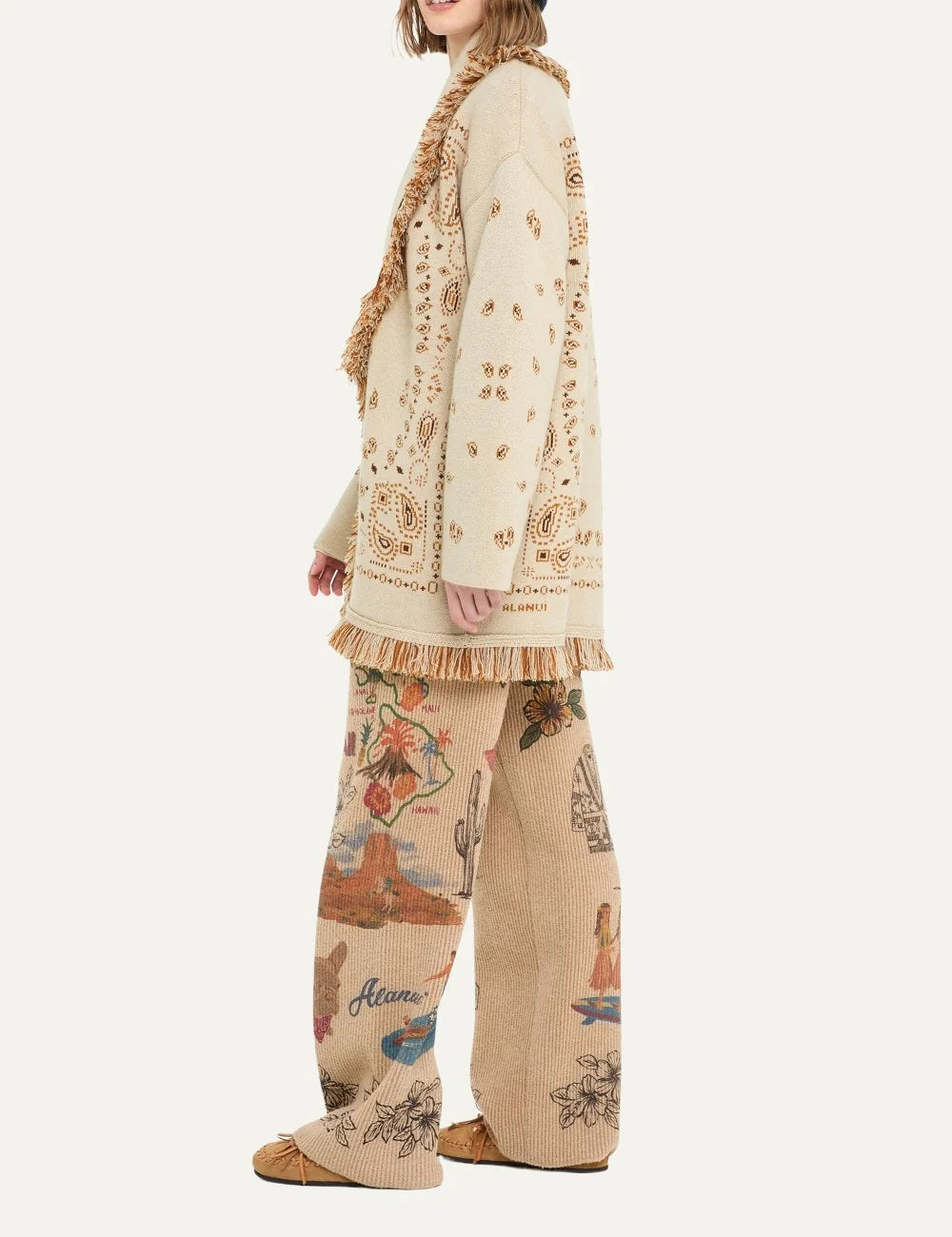Alanui women Bandana Jacquard ecru cashmere cardigan with brown pattern fringes and tie belt side