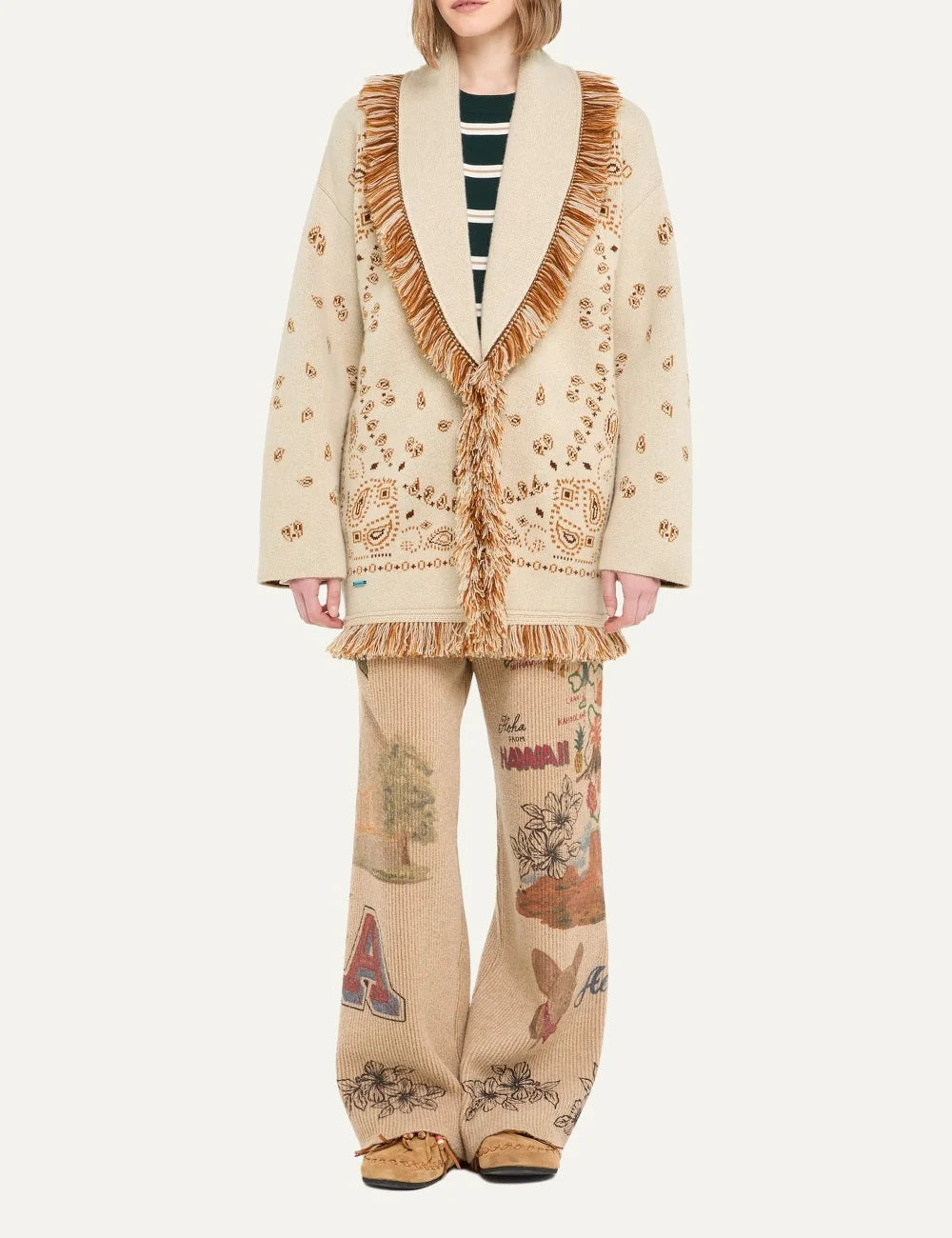 Alanui women Bandana Jacquard ecru cashmere cardigan with brown pattern fringes and tie belt full body