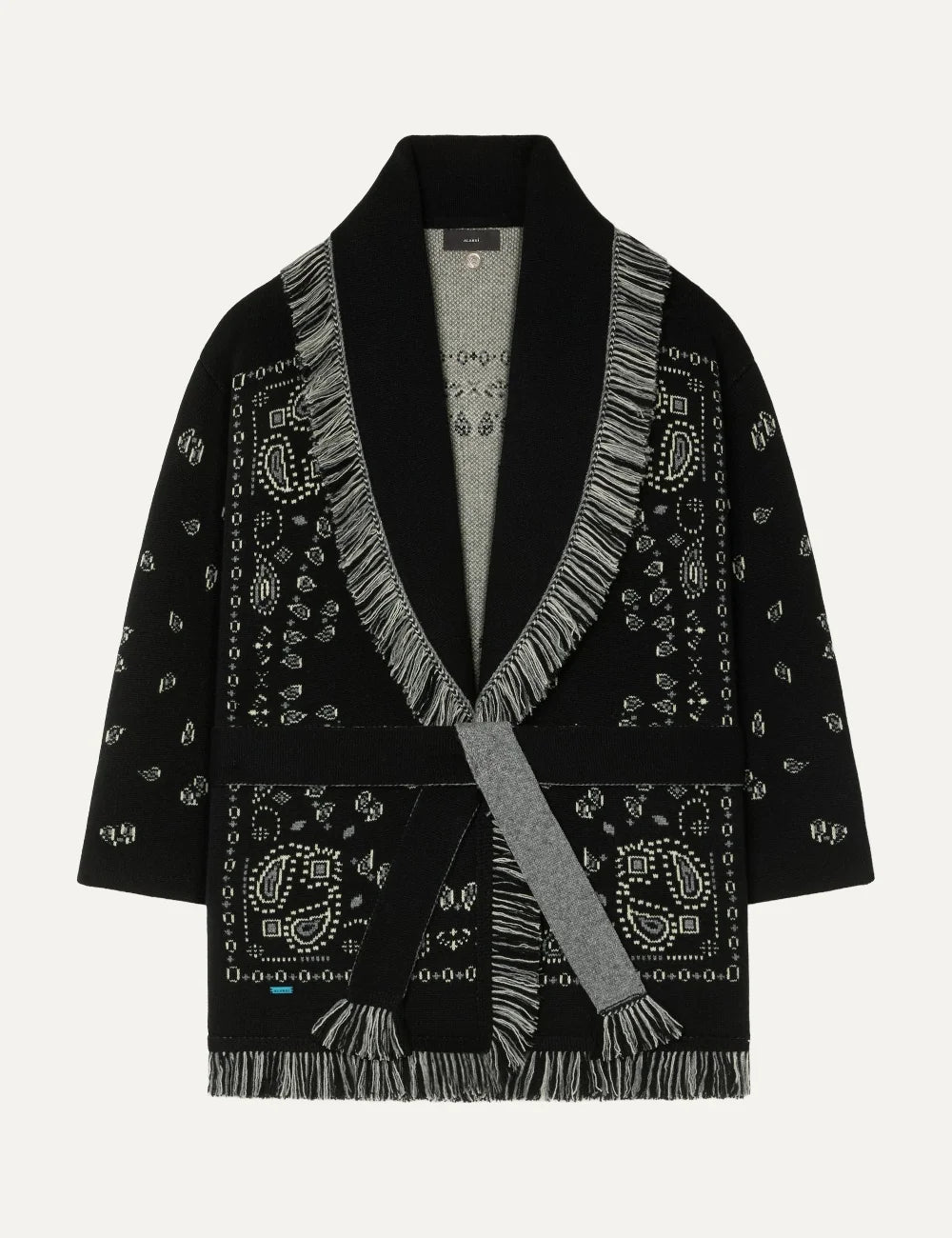 Alanui women Bandana Jacquard black cashmere cardigan with grey details fringes and tie belt