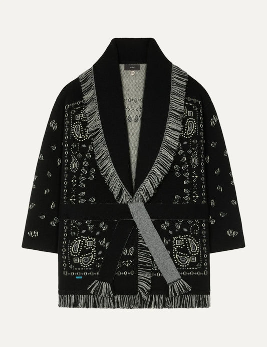 Alanui women Bandana Jacquard black cashmere cardigan with grey details fringes and tie belt