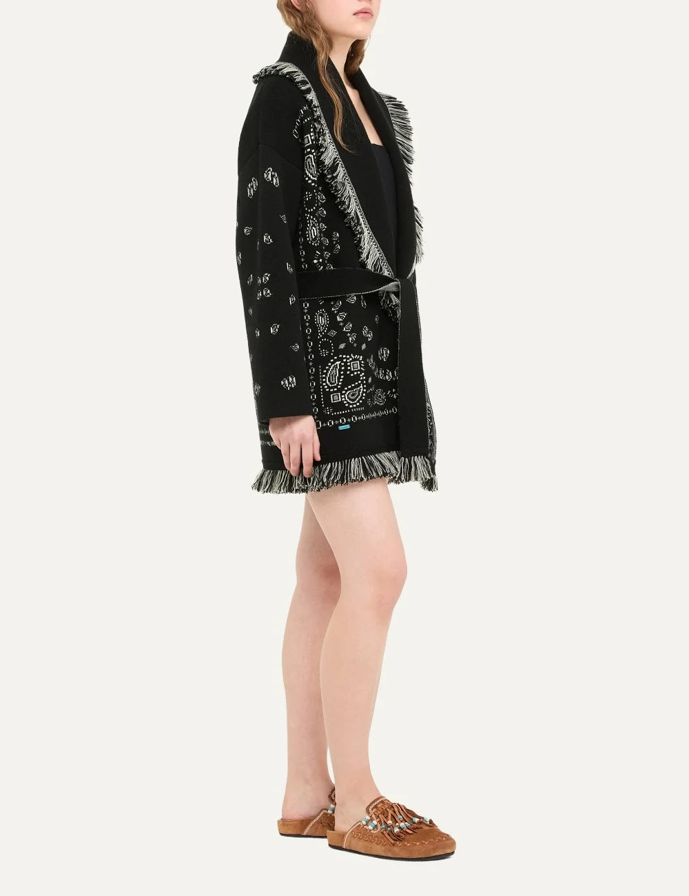 Alanui women Bandana Jacquard black cashmere cardigan with grey details fringes and tie belt side