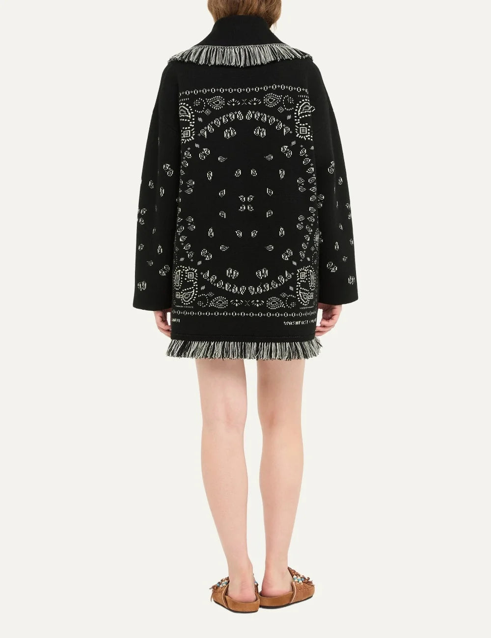 Alanui women Bandana Jacquard black cashmere cardigan with grey details fringes and tie belt back