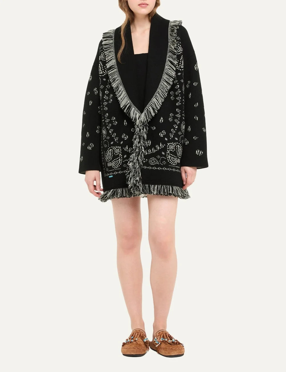 Alanui women Bandana Jacquard black cashmere cardigan with grey details fringes and tie belt full body