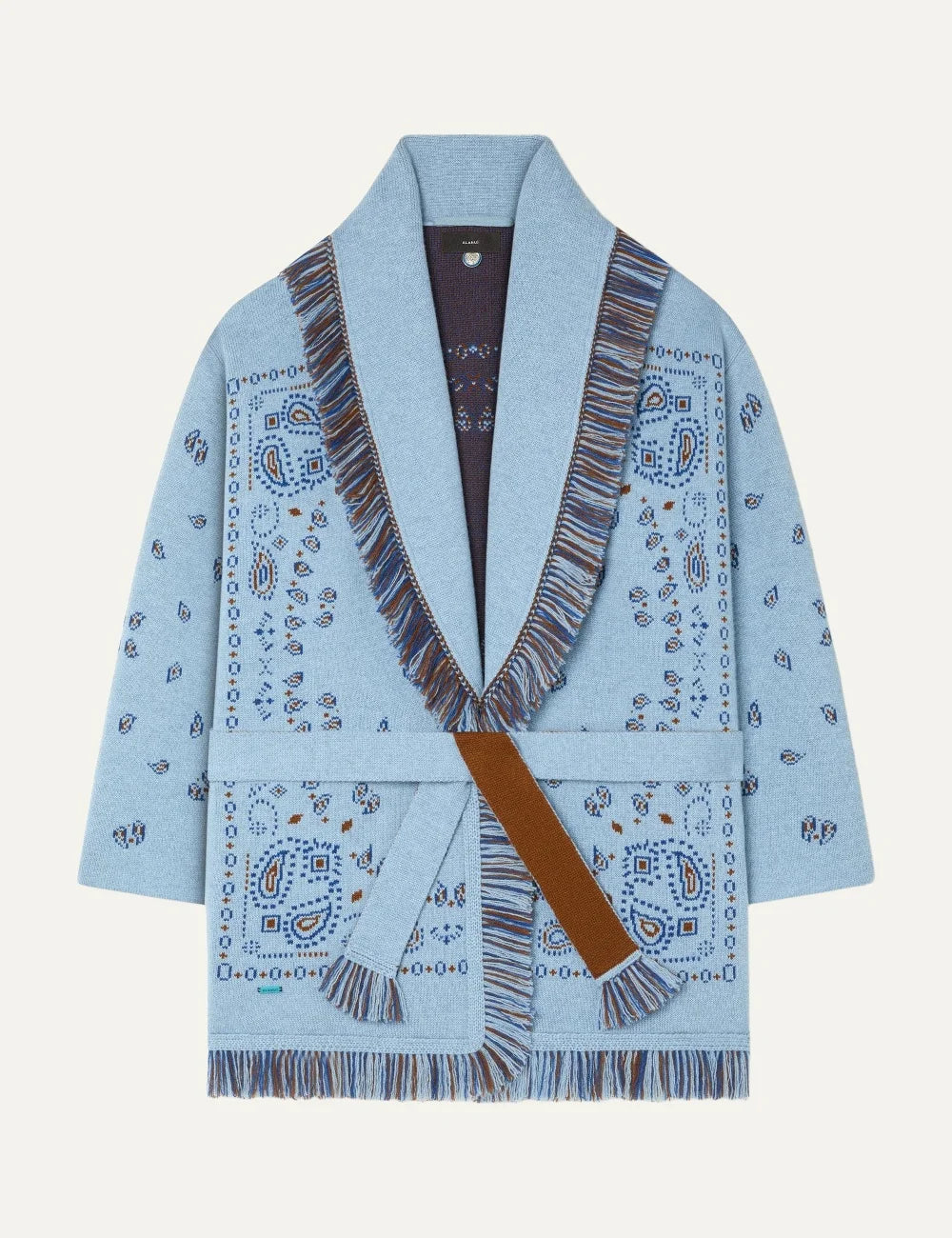 Alanui women Bandana Jacquard light blue cashmere cardigan with blue and brown pattern fringes and tie belt