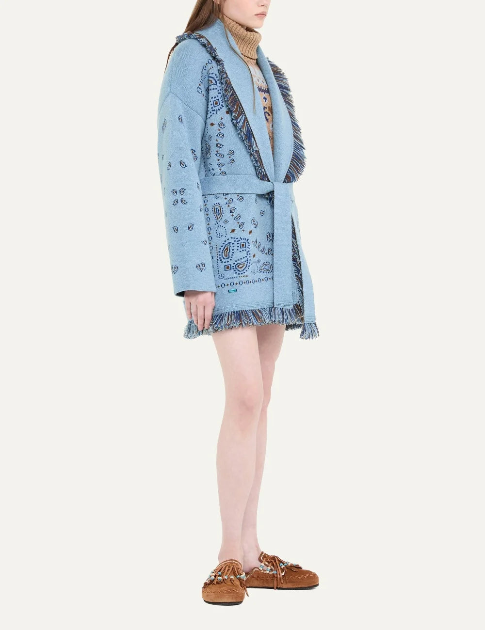 Alanui women Bandana Jacquard light blue cashmere cardigan with blue and brown pattern fringes and tie belt side