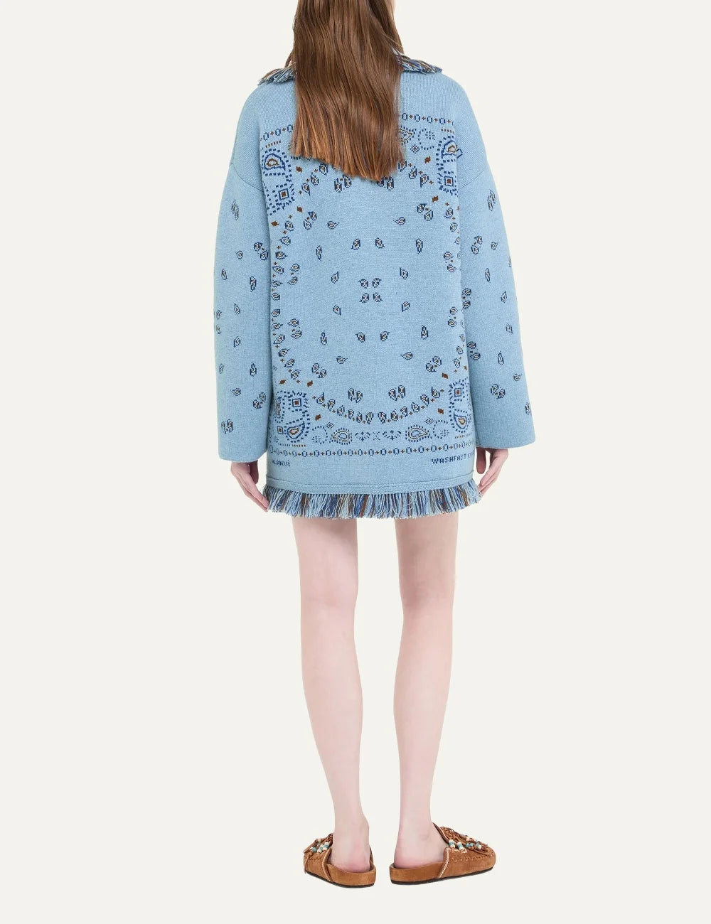 Alanui women Bandana Jacquard light blue cashmere cardigan with blue and brown pattern fringes and tie belt back