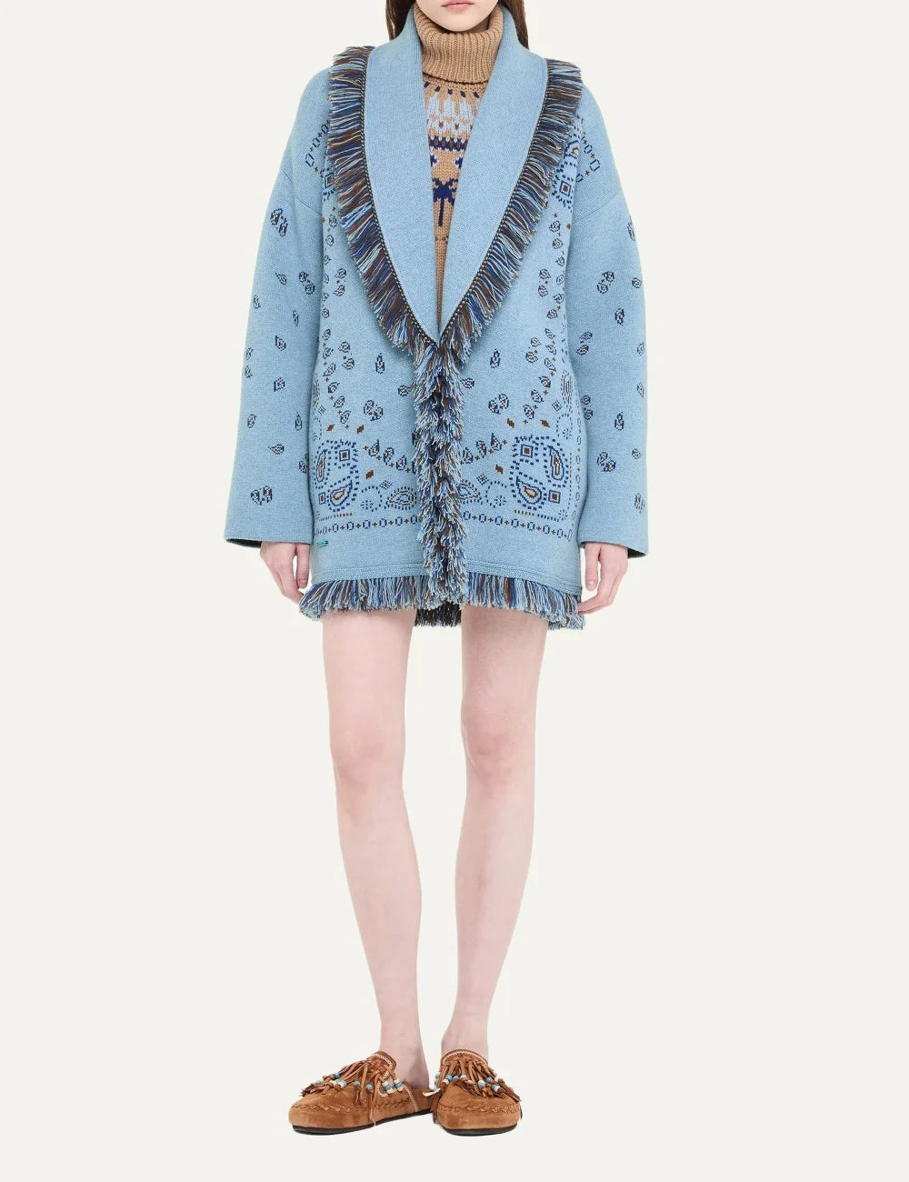 Alanui women Bandana Jacquard light blue cashmere cardigan with blue and brown pattern fringes and tie belt full body