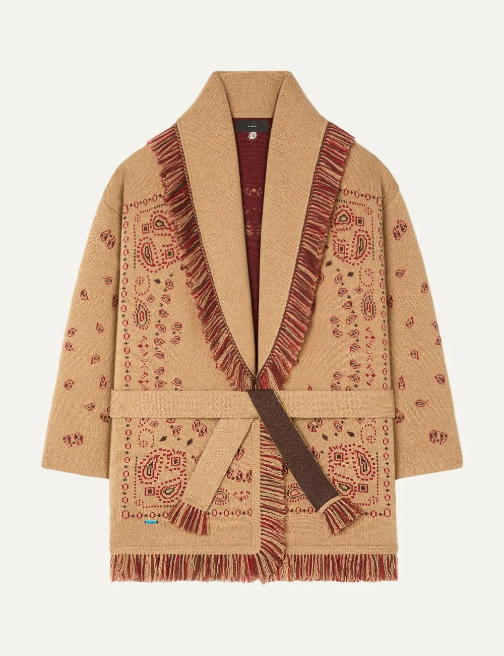 Alanui women Bandana Jacquard beige cashmere cardigan with red pattern fringes and tie belt