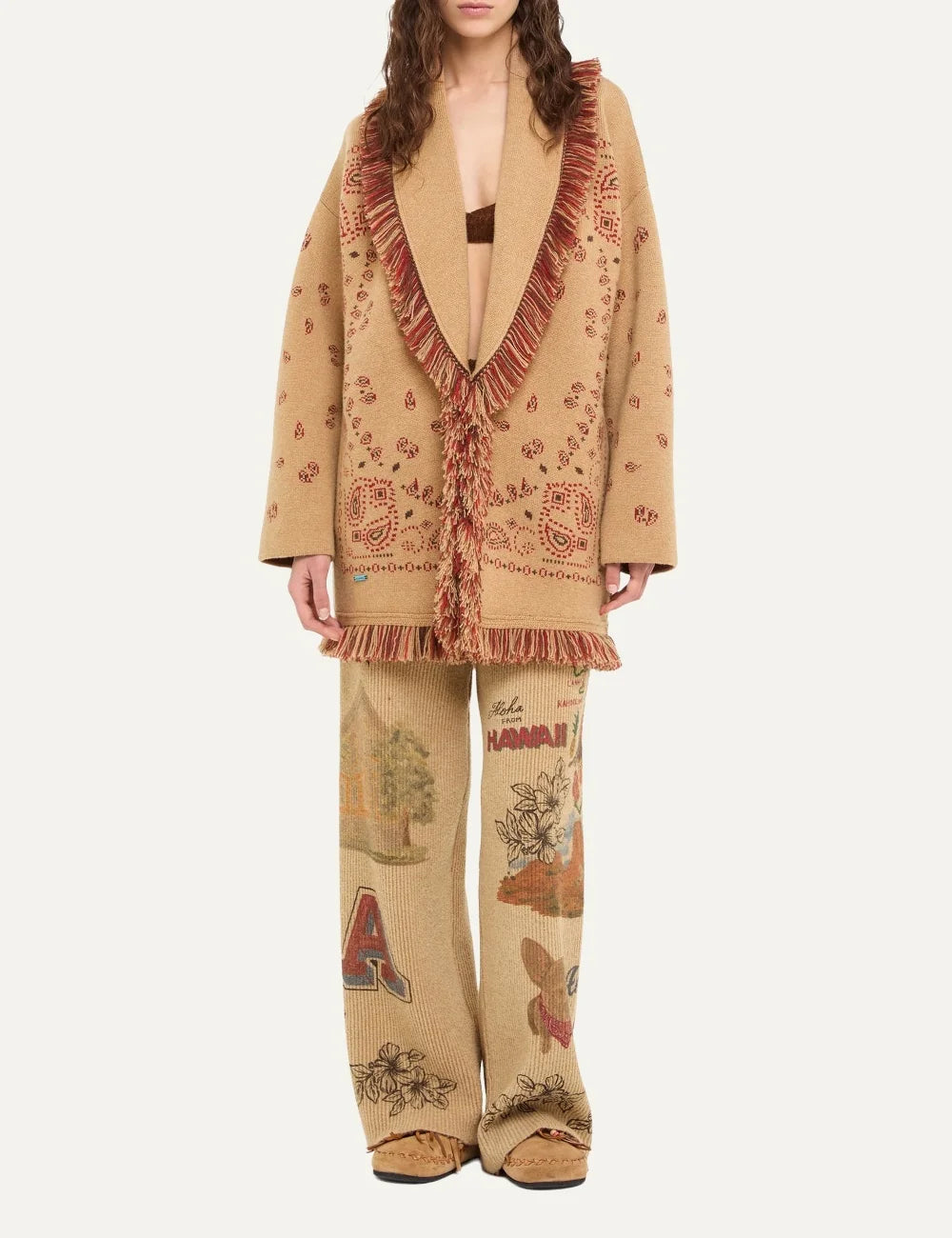 Alanui women Bandana Jacquard beige cashmere cardigan with red pattern fringes and tie belt full body