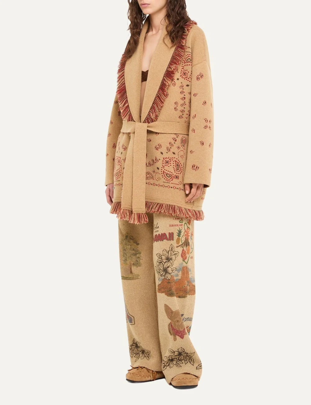 Alanui women Bandana Jacquard beige cashmere cardigan with red pattern fringes and tie belt side