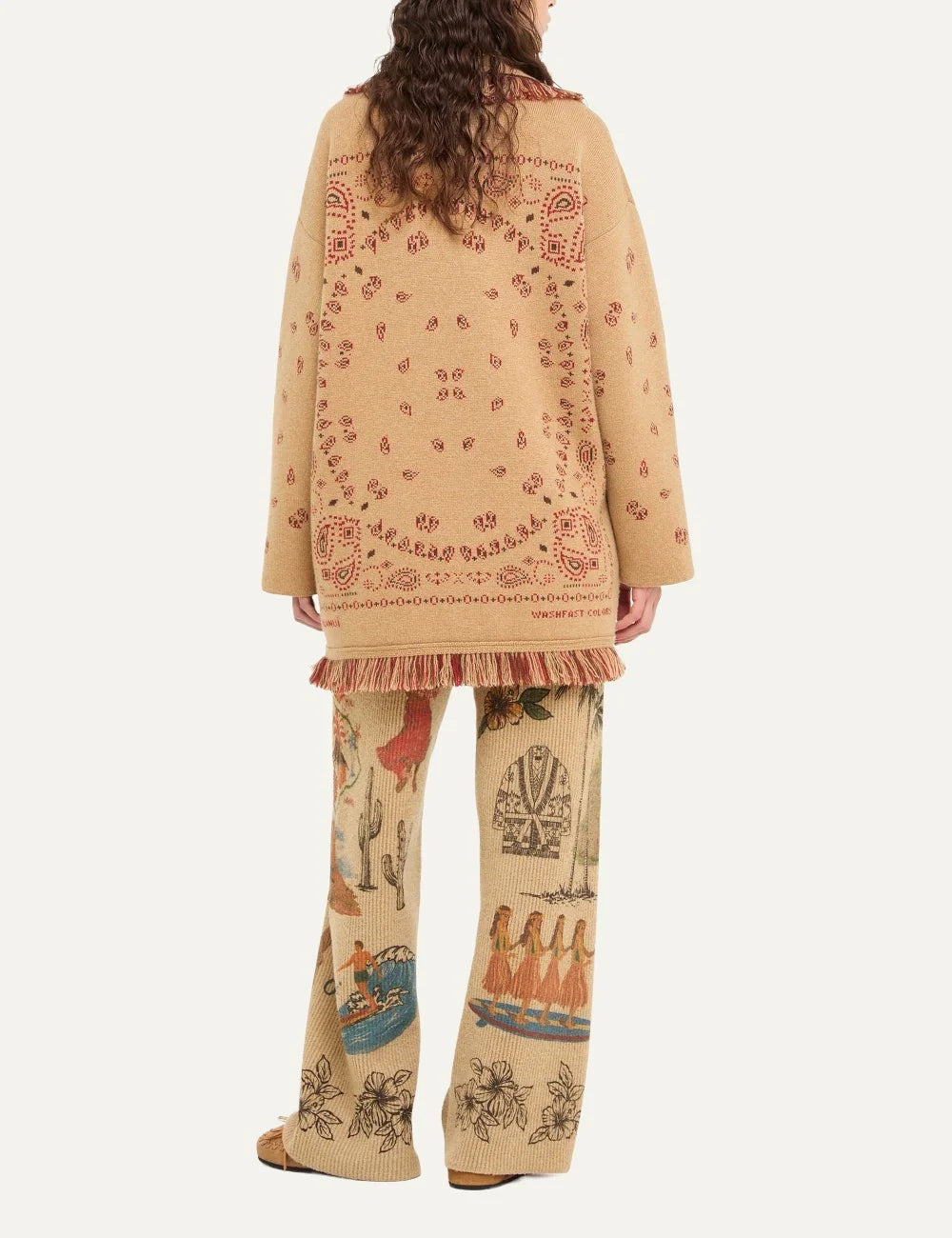 Alanui women Bandana Jacquard beige cashmere cardigan with red pattern fringes and tie belt back
