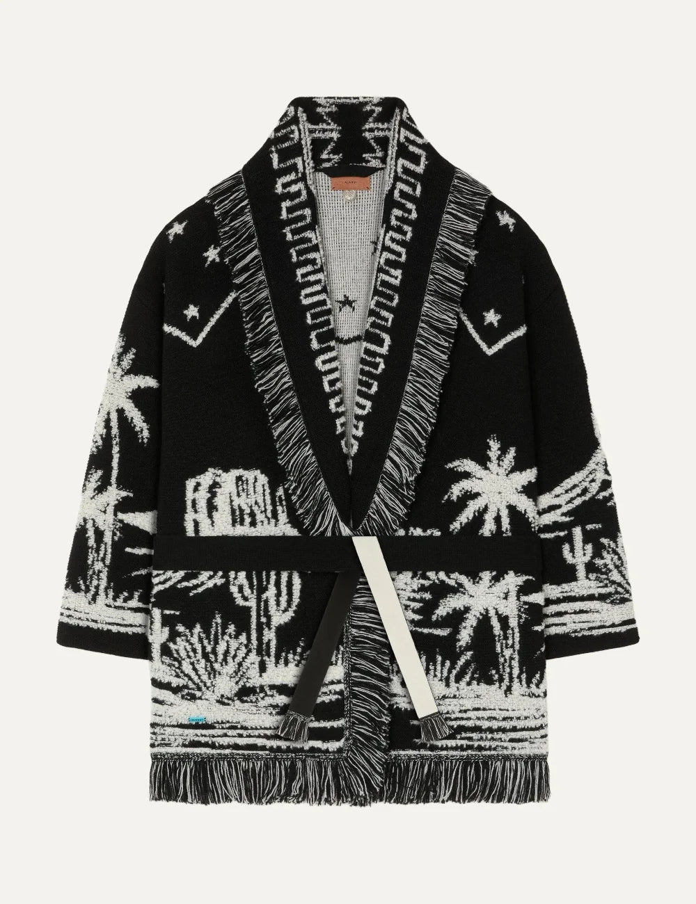 Alanui women Canyon Spirit black and ivory recycled cashmere 3D jacquard cardigan with fringes
