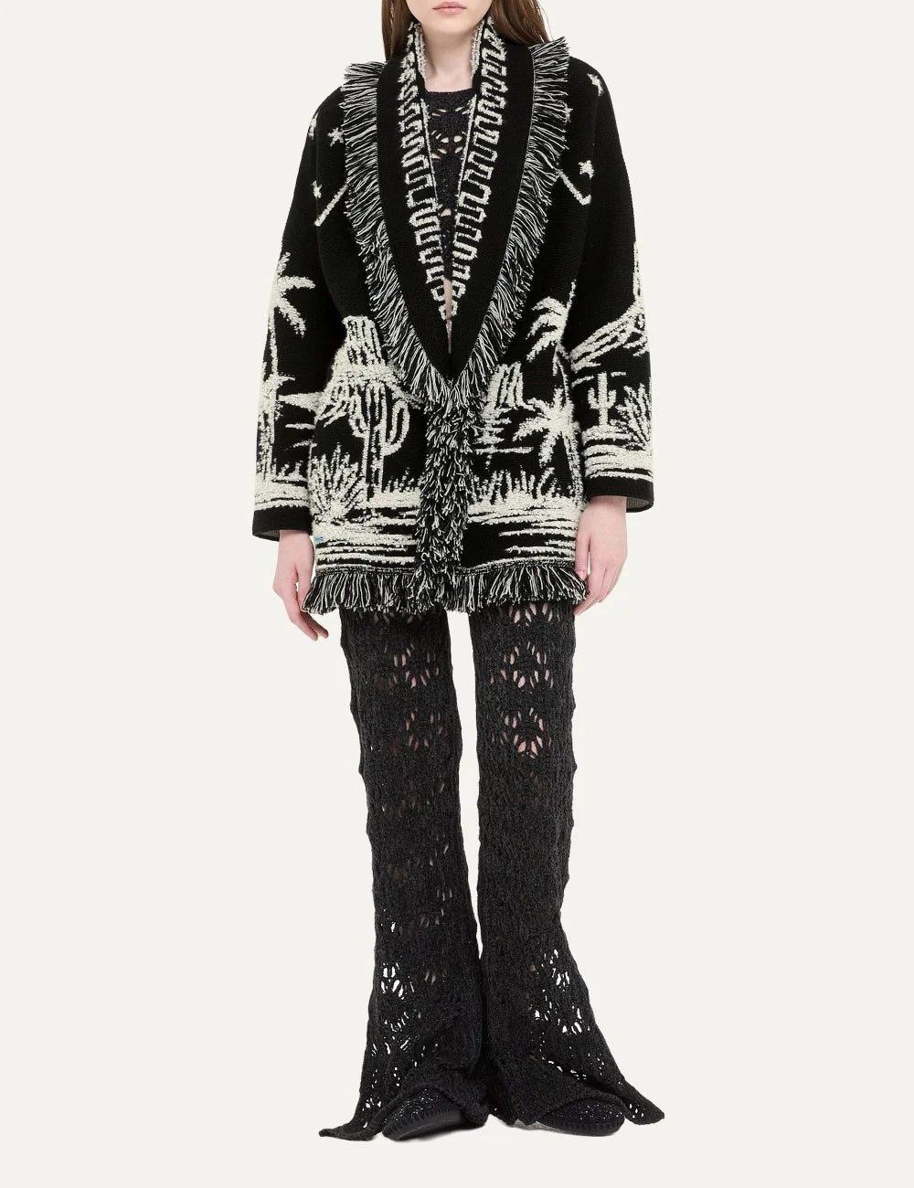 Alanui women Canyon Spirit black and ivory recycled cashmere 3D jacquard cardigan with fringes full body