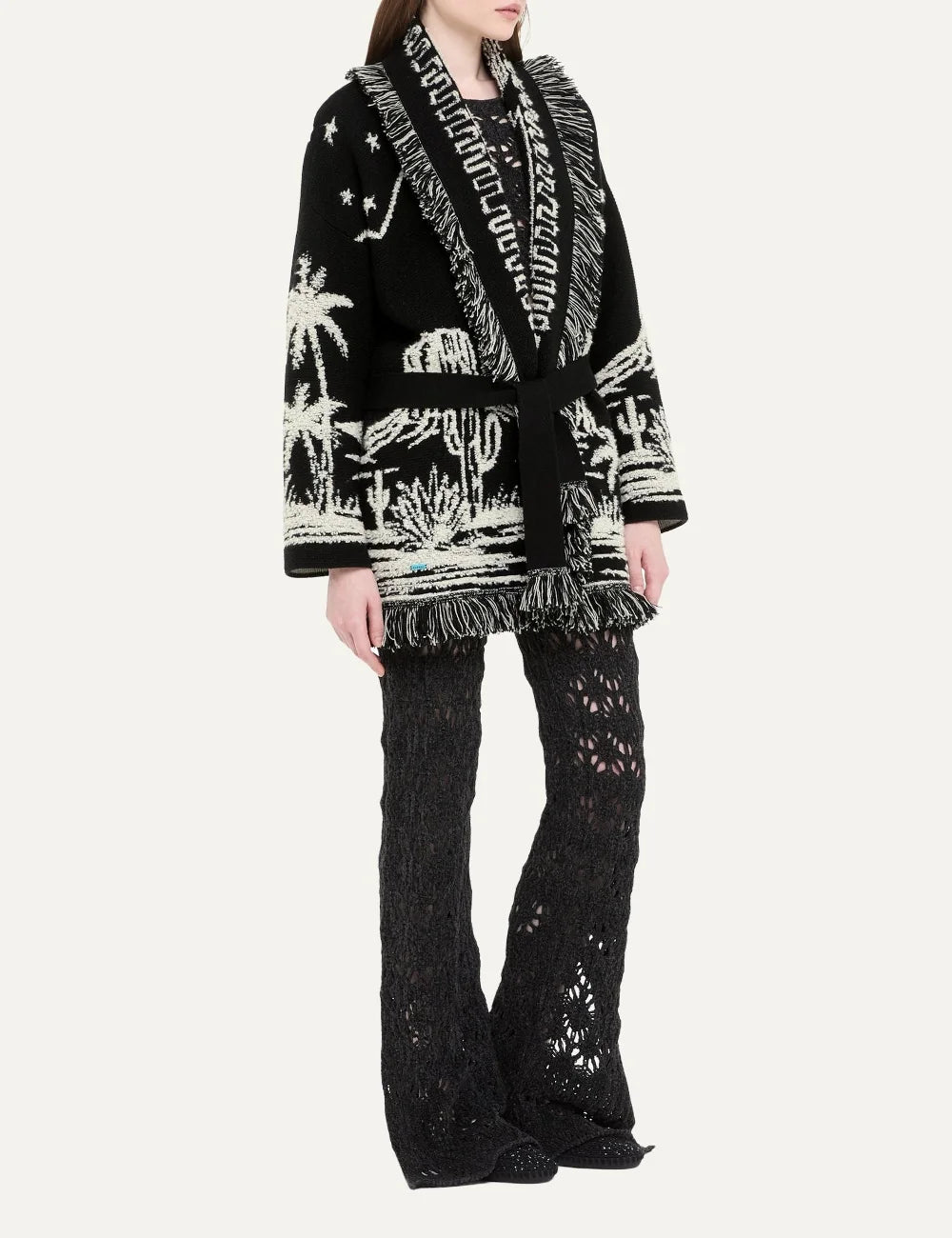 Alanui women Canyon Spirit black and ivory recycled cashmere 3D jacquard cardigan with fringes side
