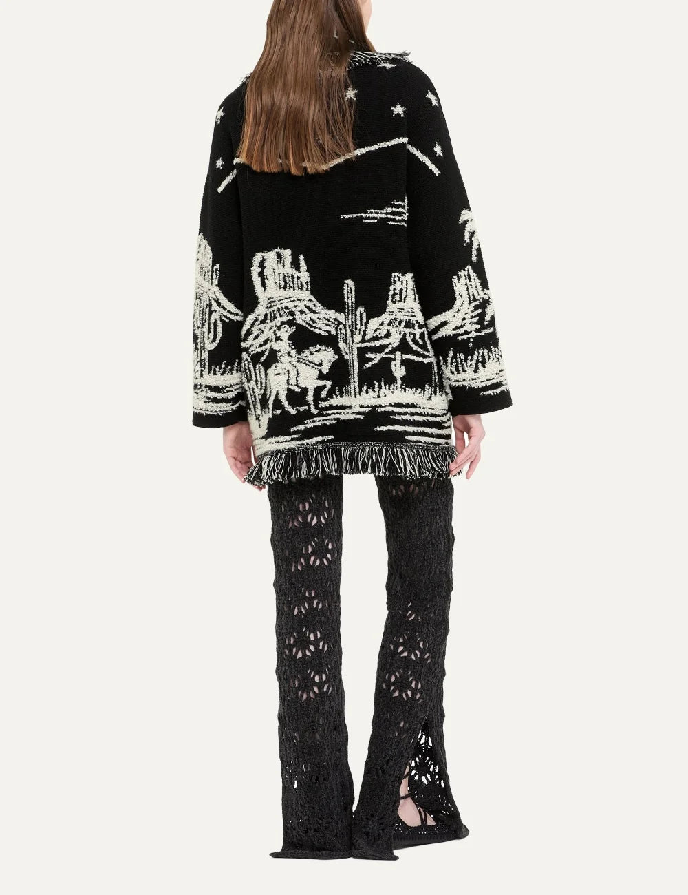 Alanui women Canyon Spirit black and ivory recycled cashmere 3D jacquard cardigan with fringes back