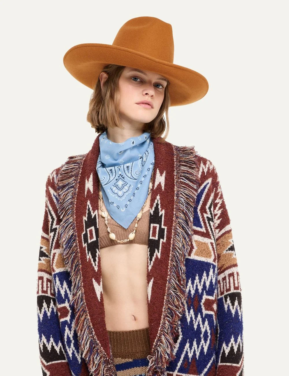 Alanui women Cowboy tan felted wool hat with grosgrain ribbon model