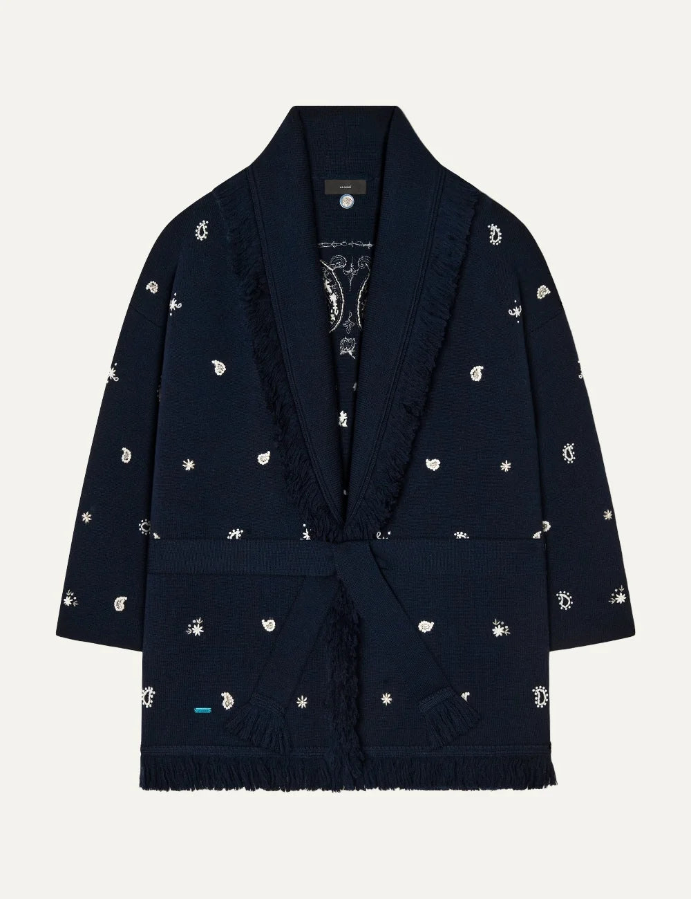 Alanui women Echoes of the Bandana dark navy virgin wool cardigan with hand embroidery and fringes
