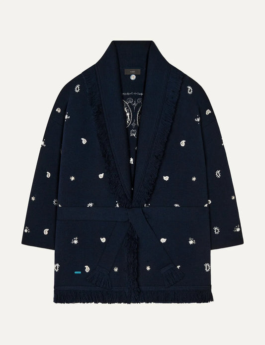 Alanui women Echoes of the Bandana dark navy virgin wool cardigan with hand embroidery and fringes