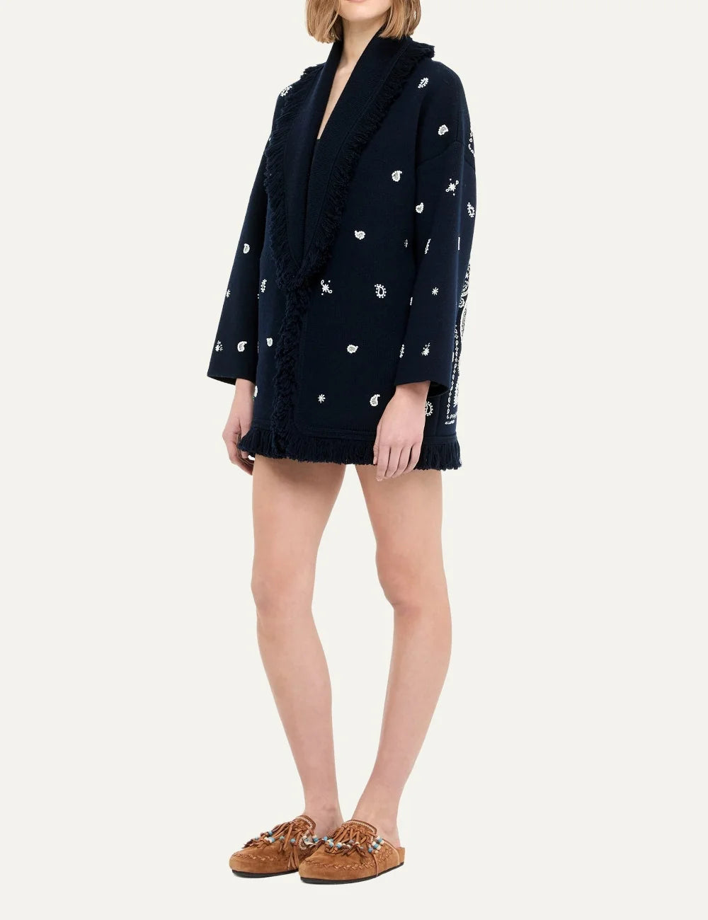 Alanui women Echoes of the Bandana dark navy virgin wool cardigan with hand embroidery and fringes side