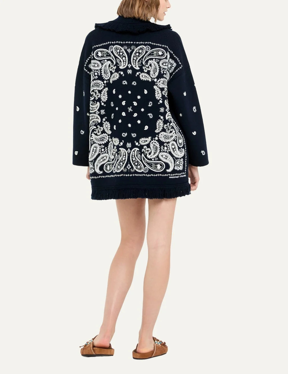 Alanui women Echoes of the Bandana dark navy virgin wool cardigan with hand embroidery and fringes back