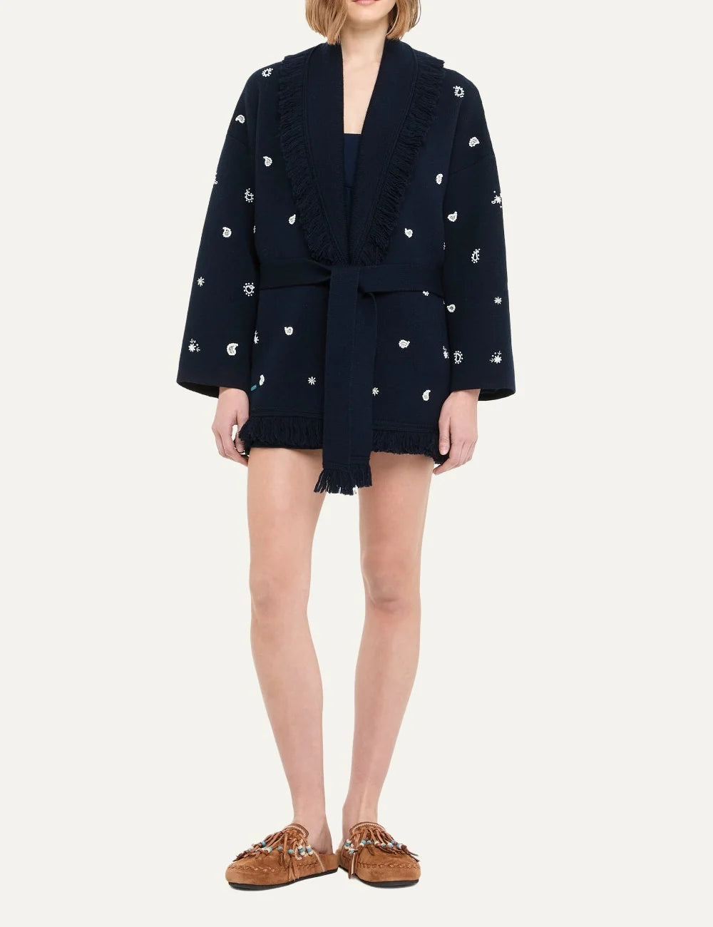 Alanui women Echoes of the Bandana dark navy virgin wool cardigan with hand embroidery and fringes full body