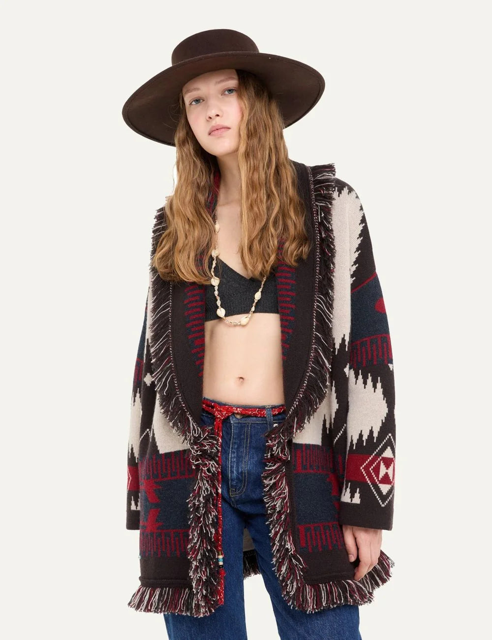 Alanui women Gaucho dark brown felted wool wide brim hat with grosgrain ribbon model