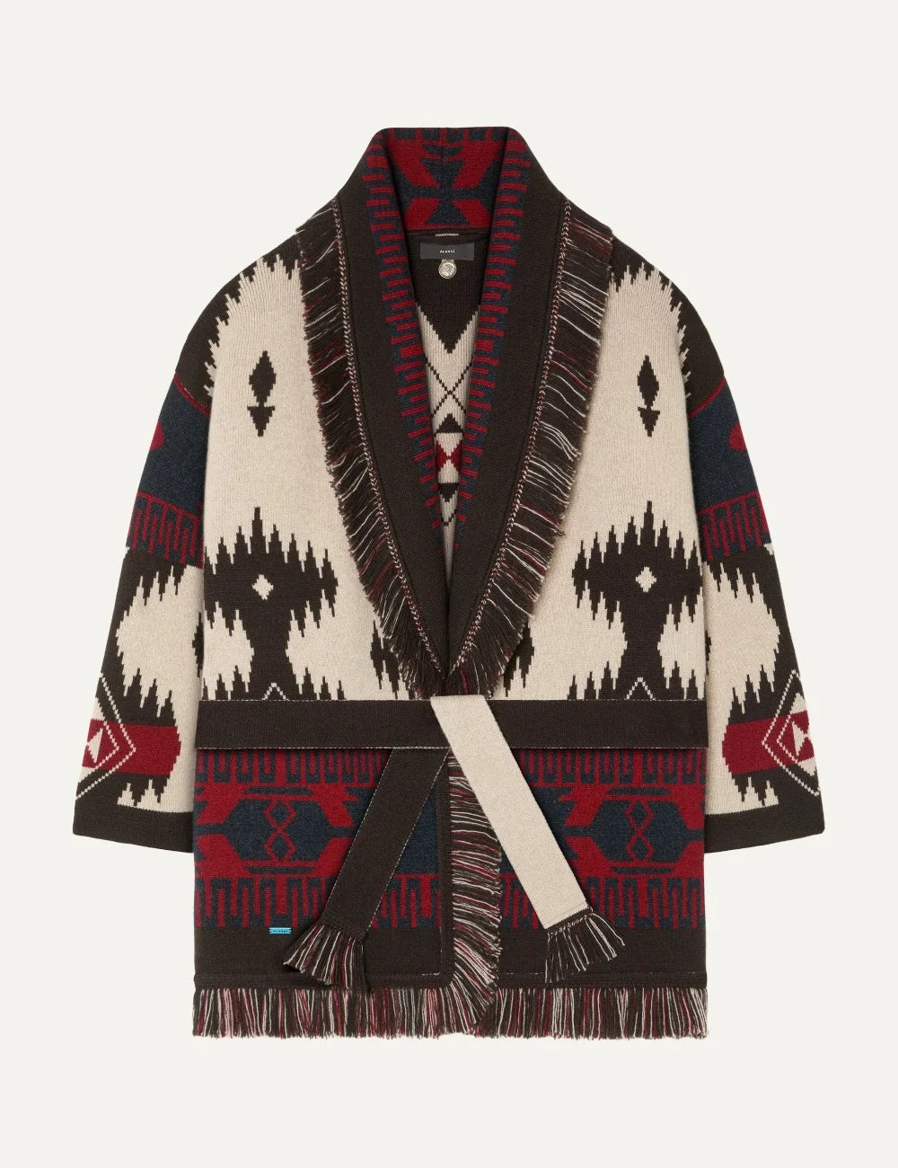 Alanui women Icon Cardigan ecru cashmere with brown red and blue jacquard pattern fringes and tie belt