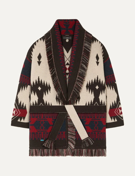 Alanui women Icon Cardigan ecru cashmere with brown red and blue jacquard pattern fringes and tie belt