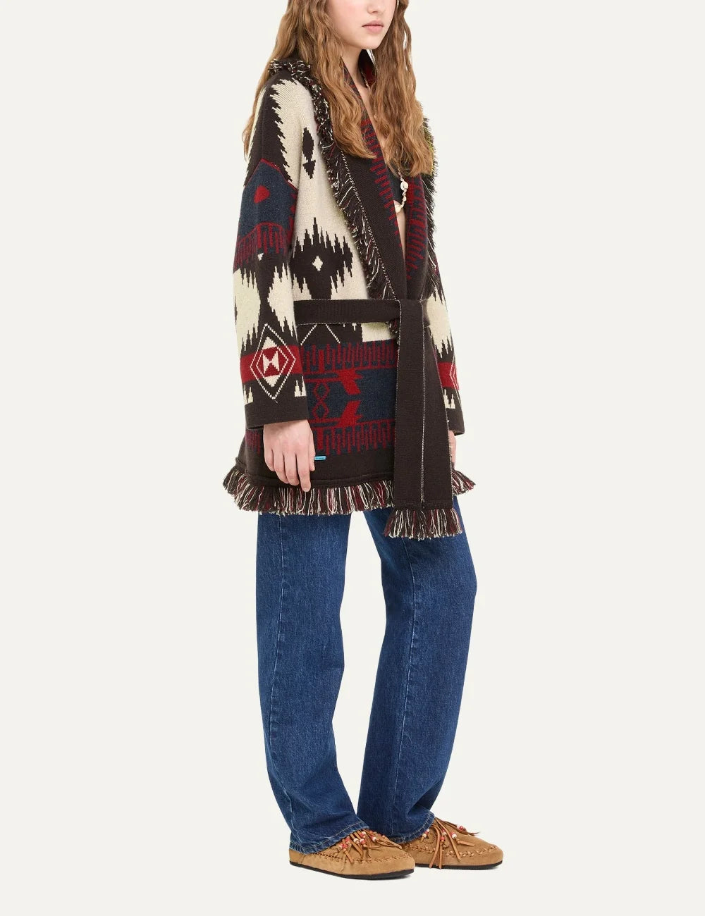 Alanui women Icon Cardigan ecru cashmere with brown red and blue jacquard pattern fringes and tie belt side
