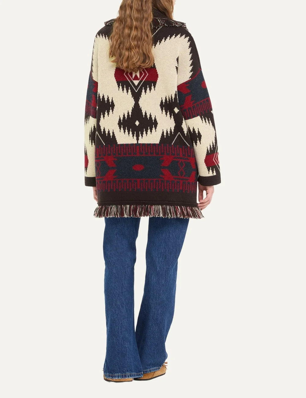 Alanui women Icon Cardigan ecru cashmere with brown red and blue jacquard pattern fringes and tie belt back