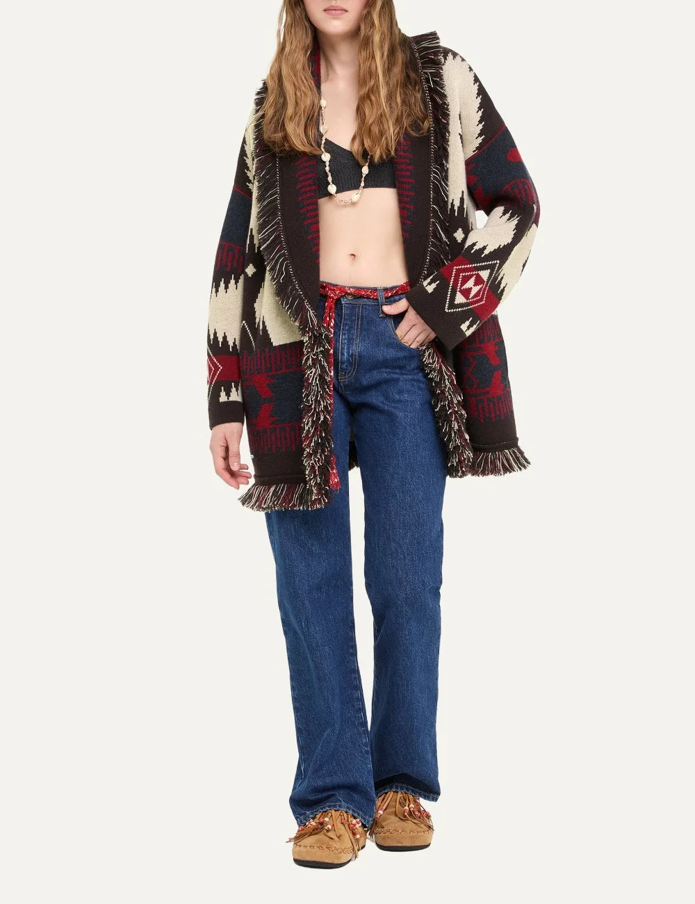 Alanui women Icon Cardigan ecru cashmere with brown red and blue jacquard pattern fringes and tie belt model