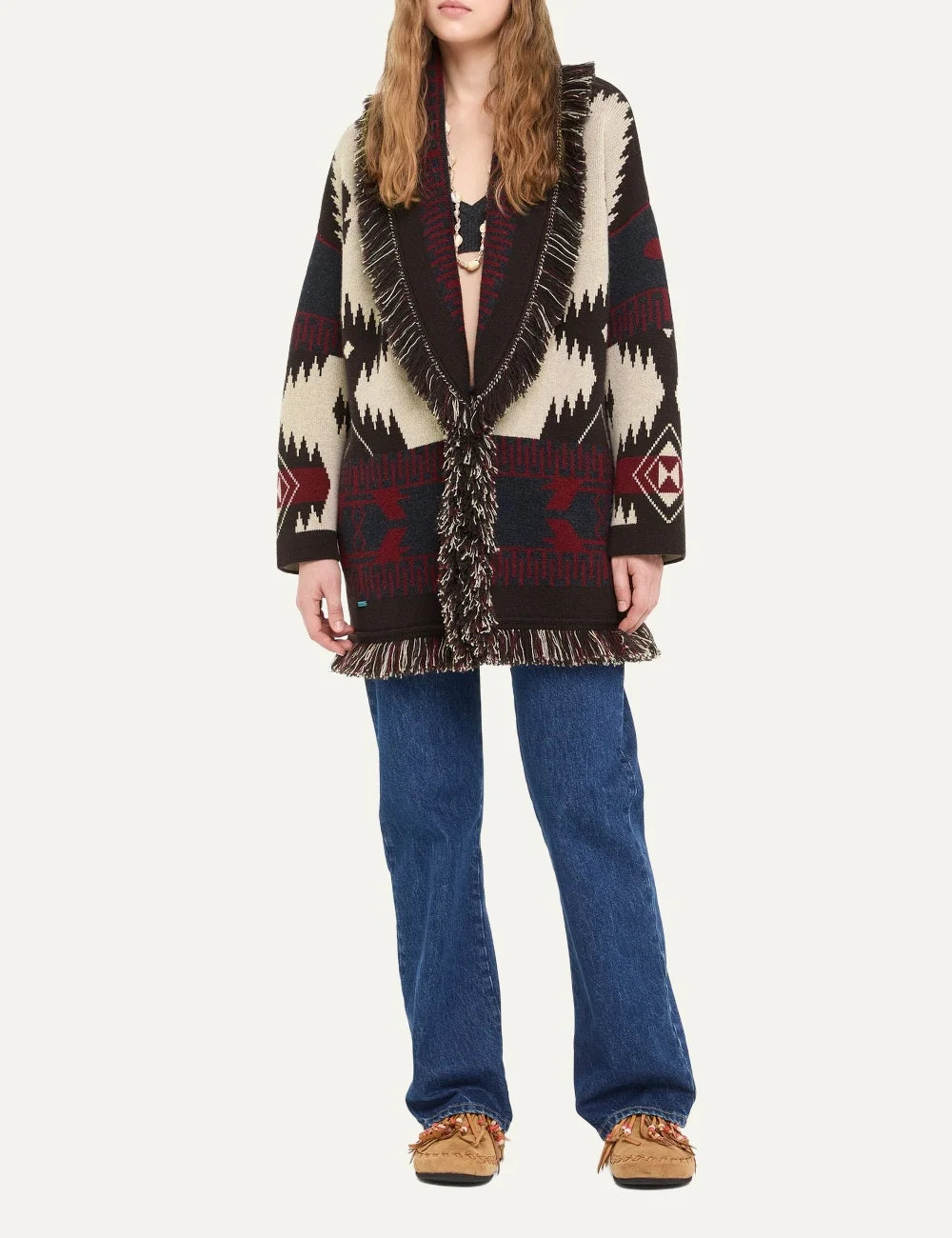 Alanui women Icon Cardigan ecru cashmere with brown red and blue jacquard pattern fringes and tie belt full body