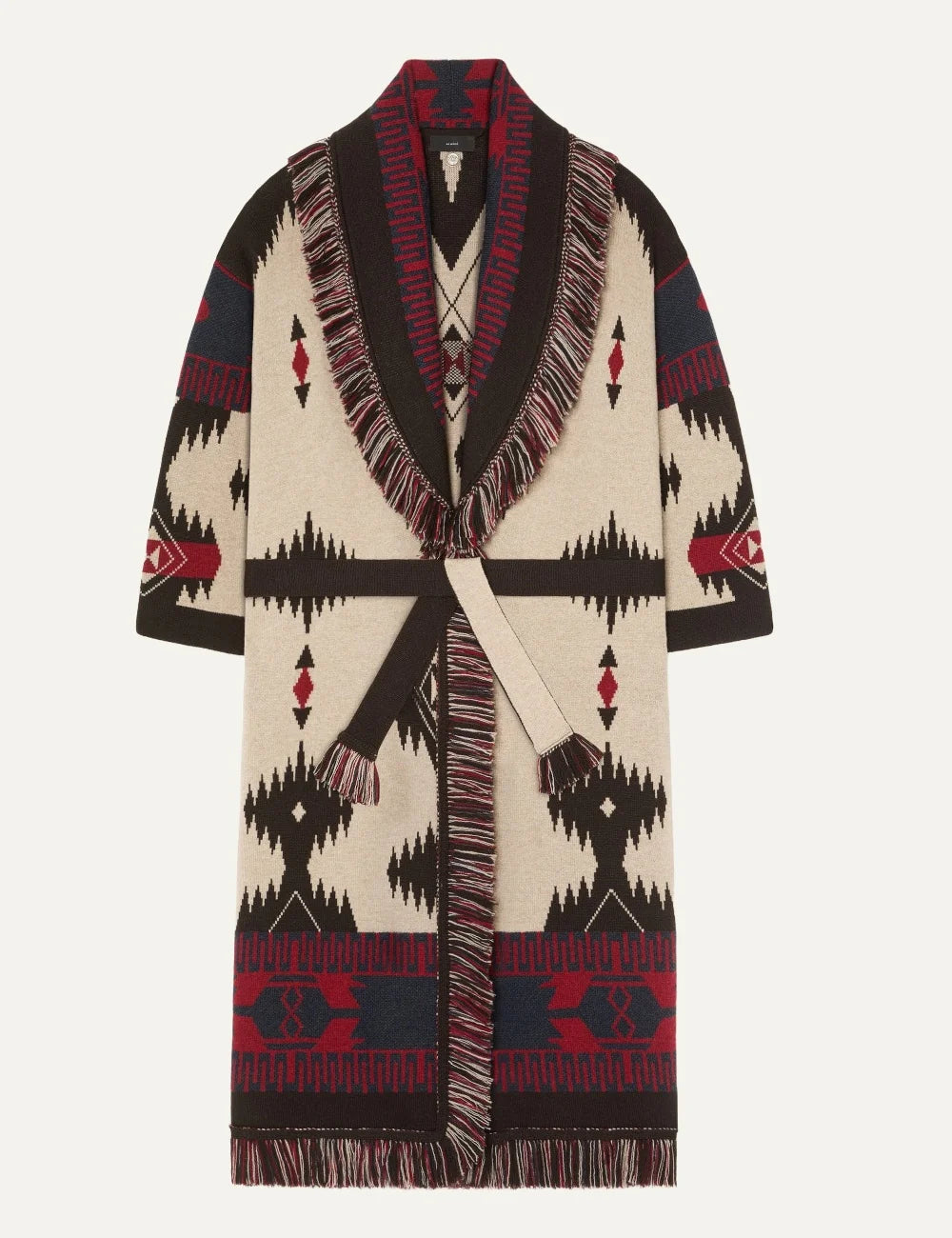 Alanui women Icon Jacquard ivory virgin wool long coat with multicolor geometric pattern and fringes