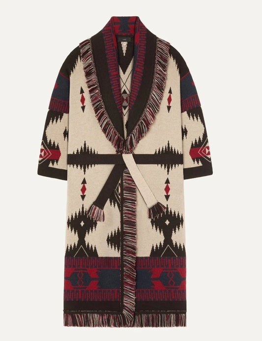 Alanui women Icon Jacquard ivory virgin wool long coat with multicolor geometric pattern and fringes