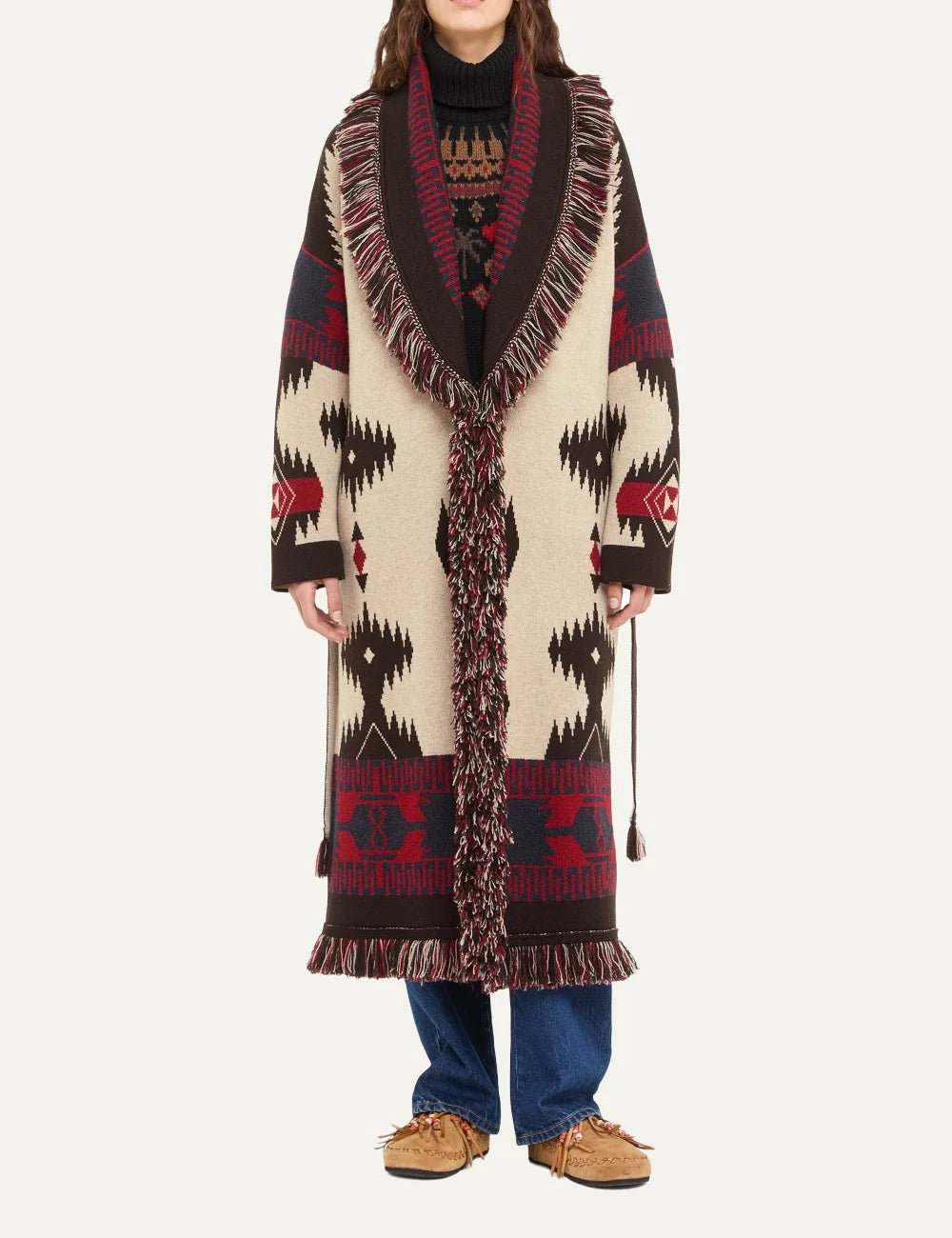 Alanui women Icon Jacquard ivory virgin wool long coat with multicolor geometric pattern and fringes full body