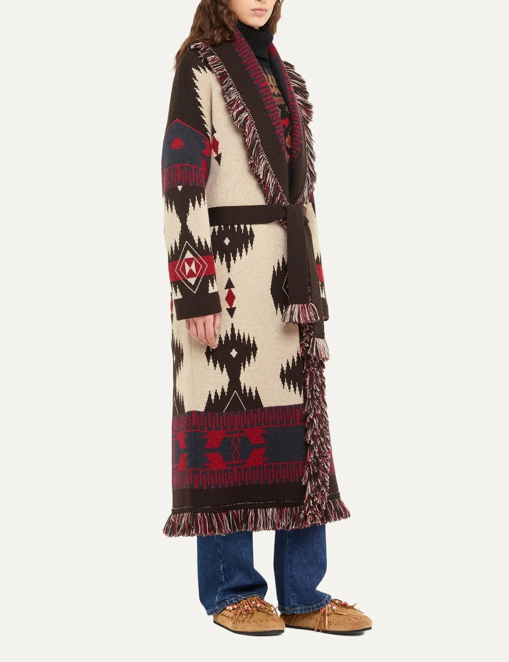 Alanui women Icon Jacquard ivory virgin wool long coat with multicolor geometric pattern and fringes side