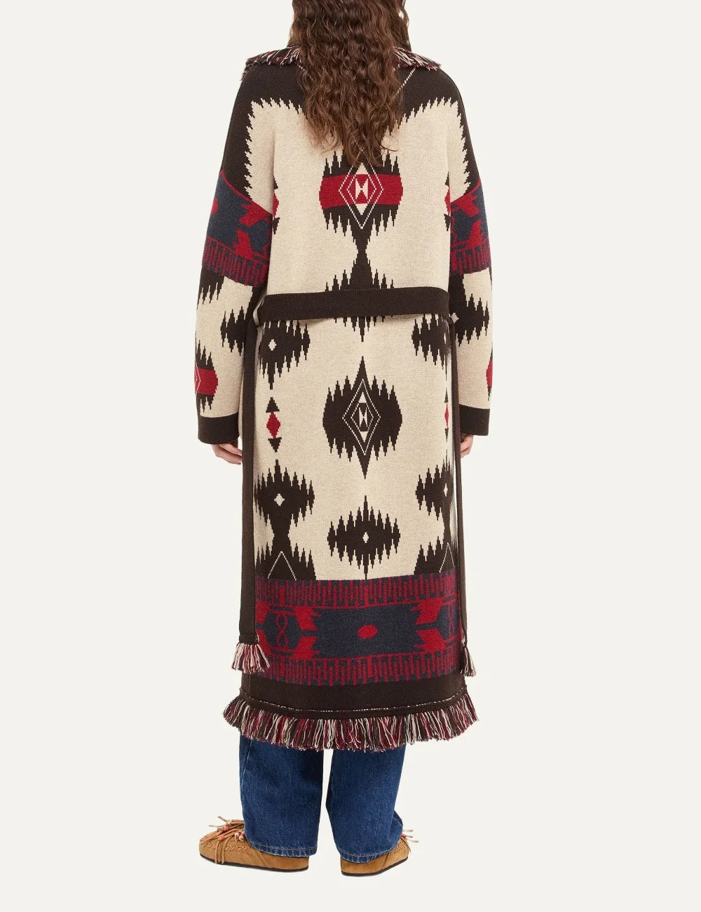 Alanui women Icon Jacquard ivory virgin wool long coat with multicolor geometric pattern and fringes back