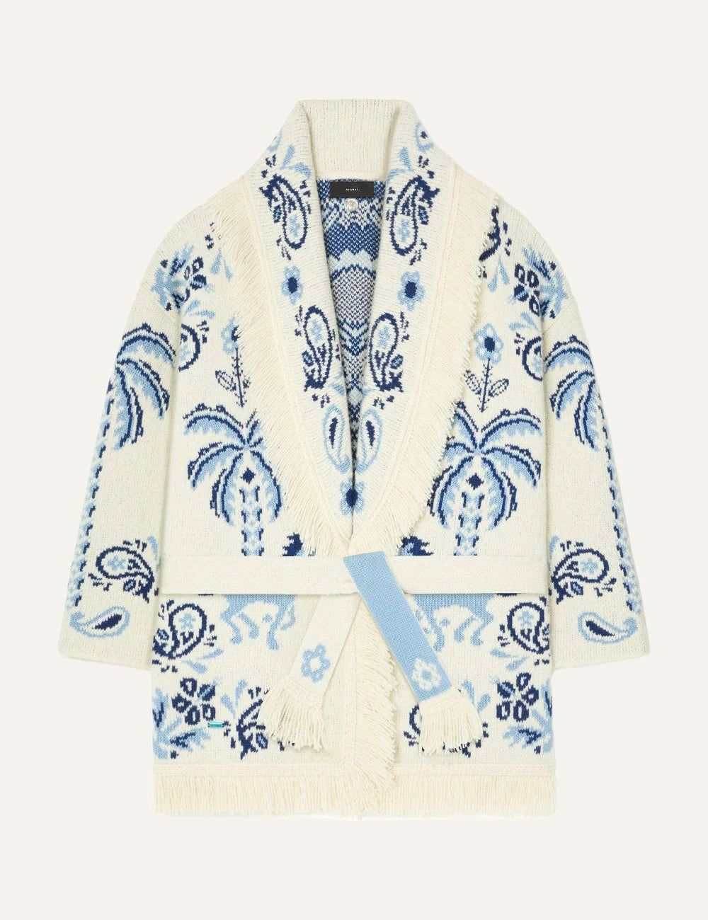 Alanui women Island Roots Foulard ivory wool cashmere cardigan with blue jacquard pattern fringes and tie