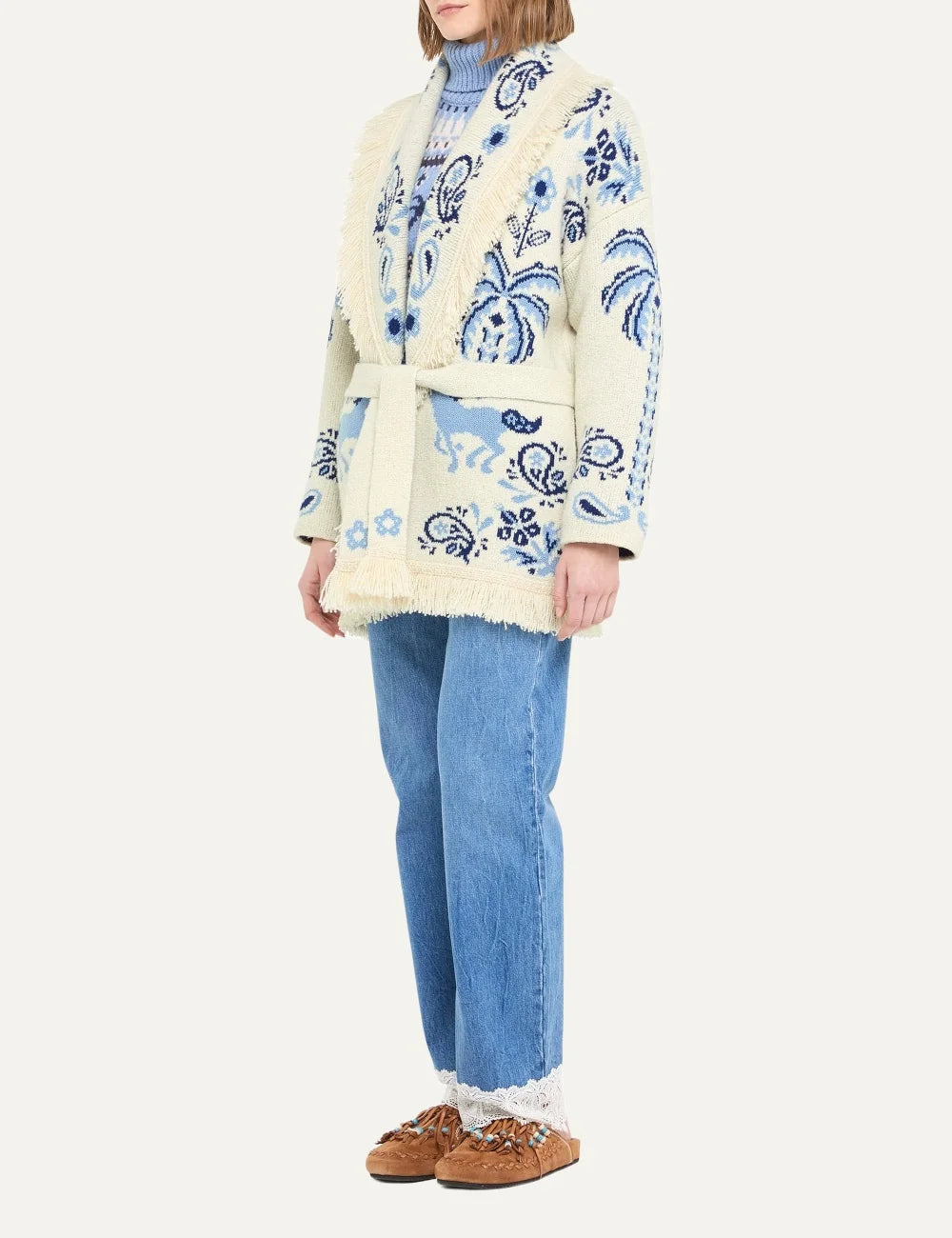 Alanui women Island Roots Foulard ivory wool cashmere cardigan with blue jacquard pattern fringes and tie side