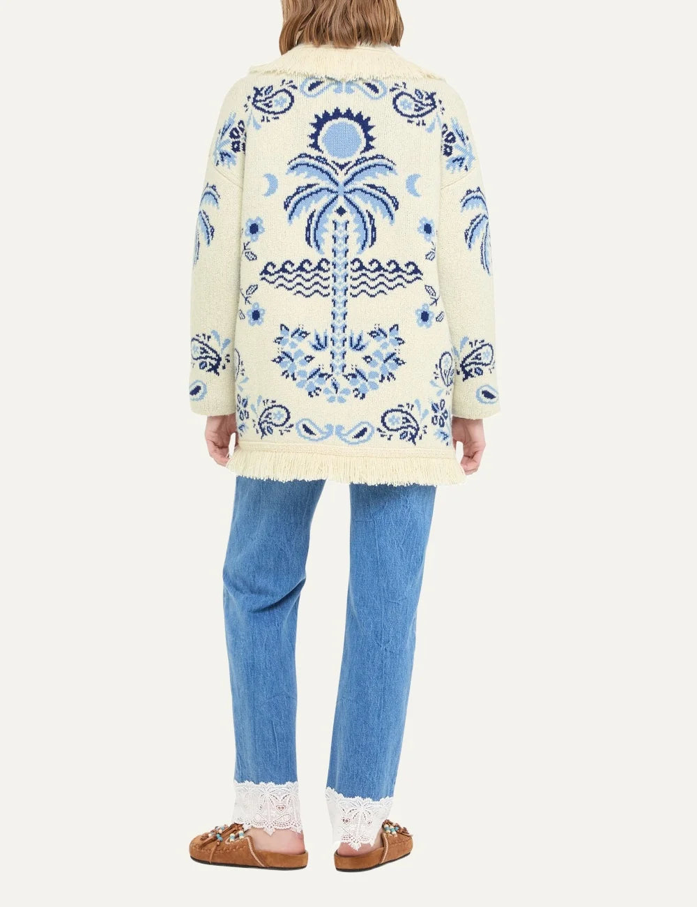 Alanui women Island Roots Foulard ivory wool cashmere cardigan with blue jacquard pattern fringes and tie back
