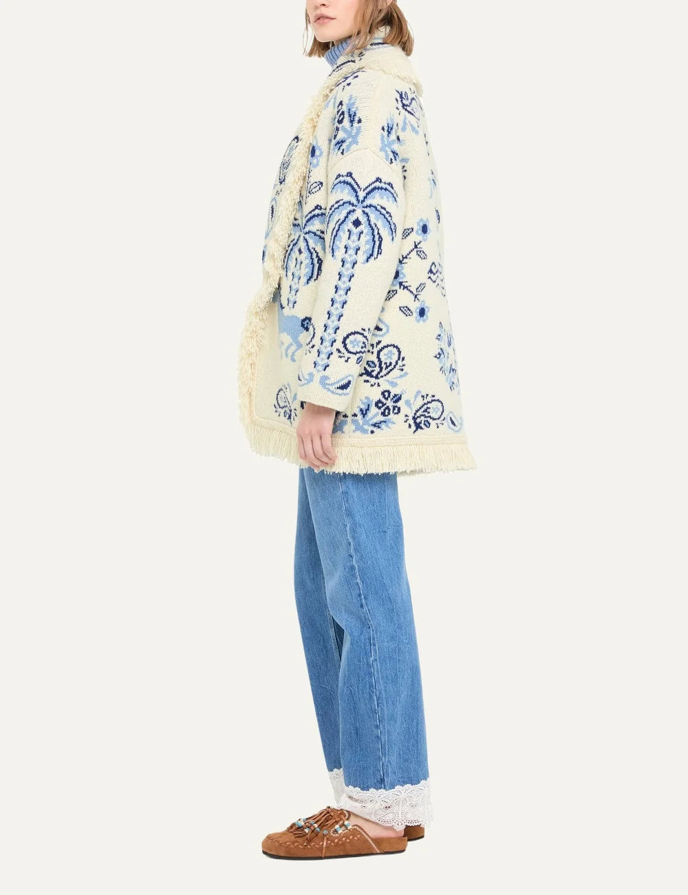 Alanui women Island Roots Foulard ivory wool cashmere cardigan with blue jacquard pattern fringes and tie side