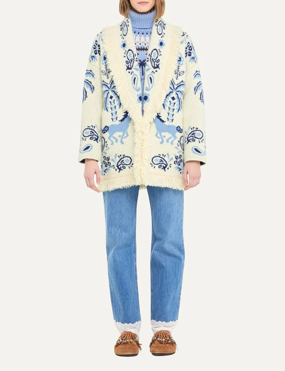 Alanui women Island Roots Foulard ivory wool cashmere cardigan with blue jacquard pattern fringes and tie full body
