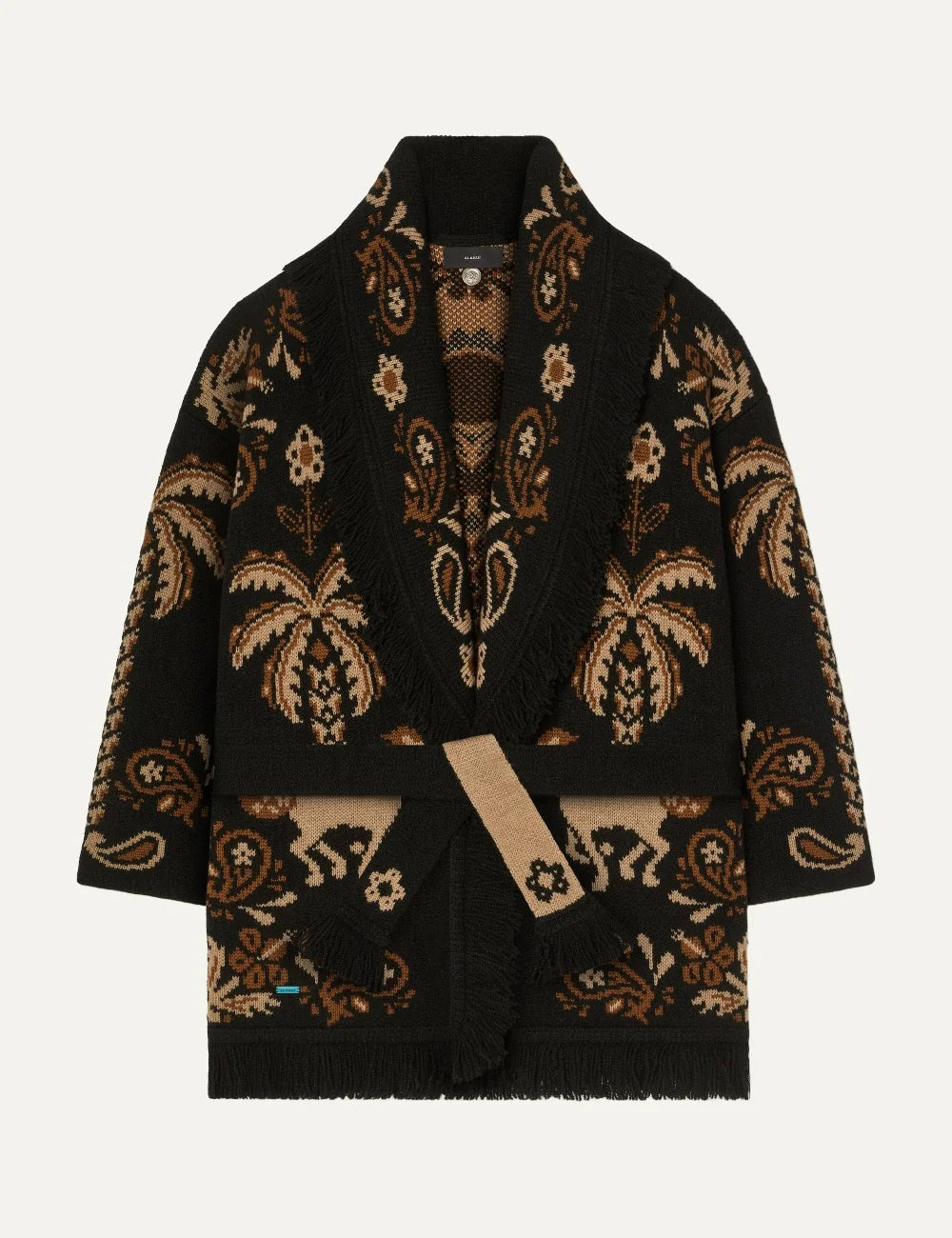 Alanui women Island Roots Foulard black wool cashmere cardigan with brown jacquard pattern fringes and tie belt