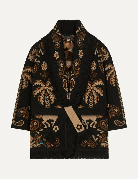 Alanui women Island Roots Foulard black wool cashmere cardigan with brown jacquard pattern fringes and tie belt