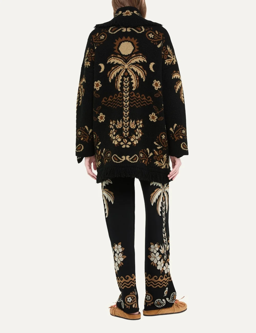 Alanui women Island Roots Foulard black wool cashmere cardigan with brown jacquard pattern fringes and tie belt back