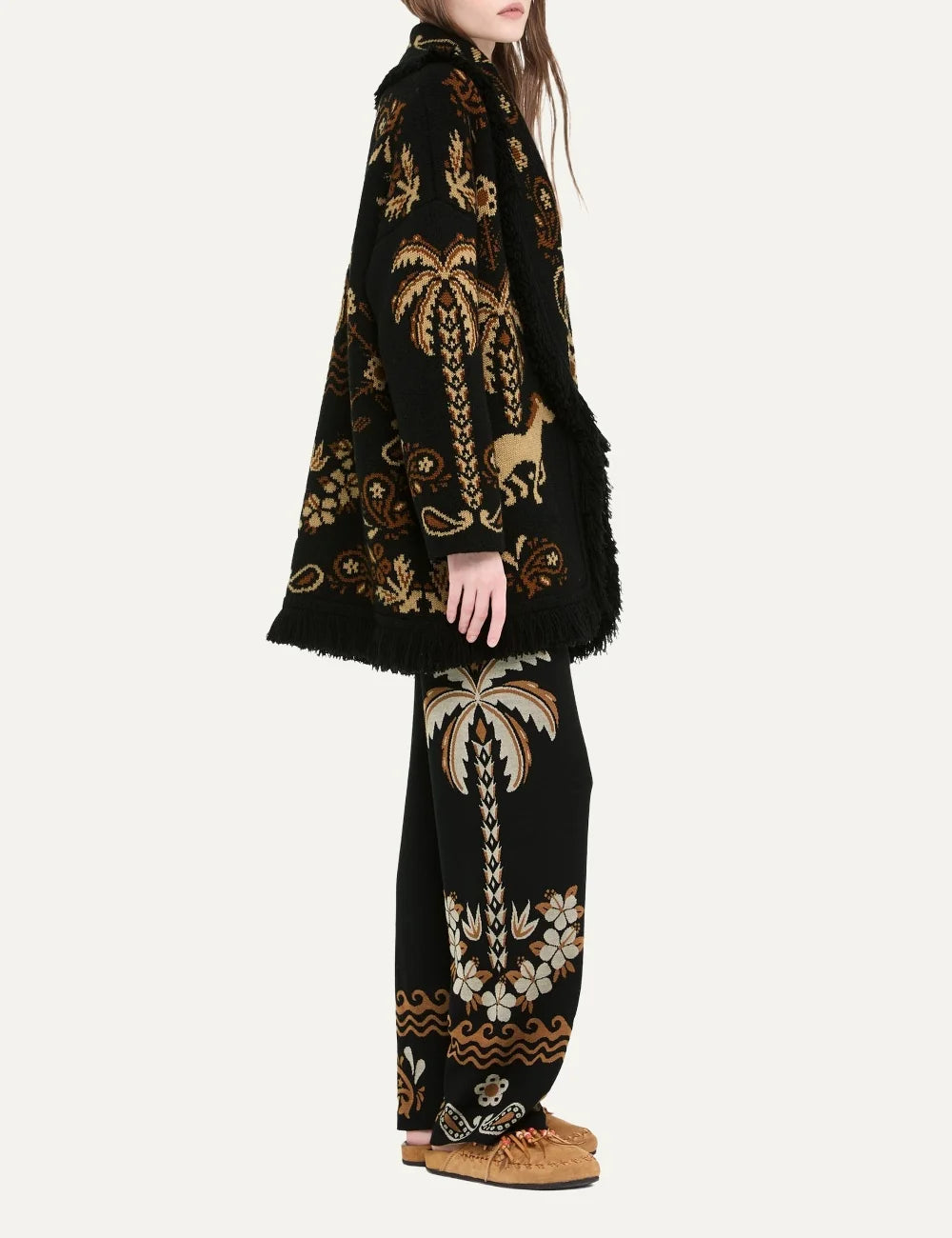 Alanui women Island Roots Foulard black wool cashmere cardigan with brown jacquard pattern fringes and tie belt side