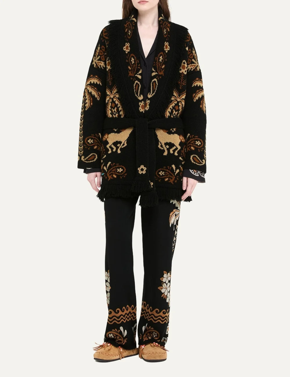 Alanui women Island Roots Foulard black wool cashmere cardigan with brown jacquard pattern fringes and tie belt full body