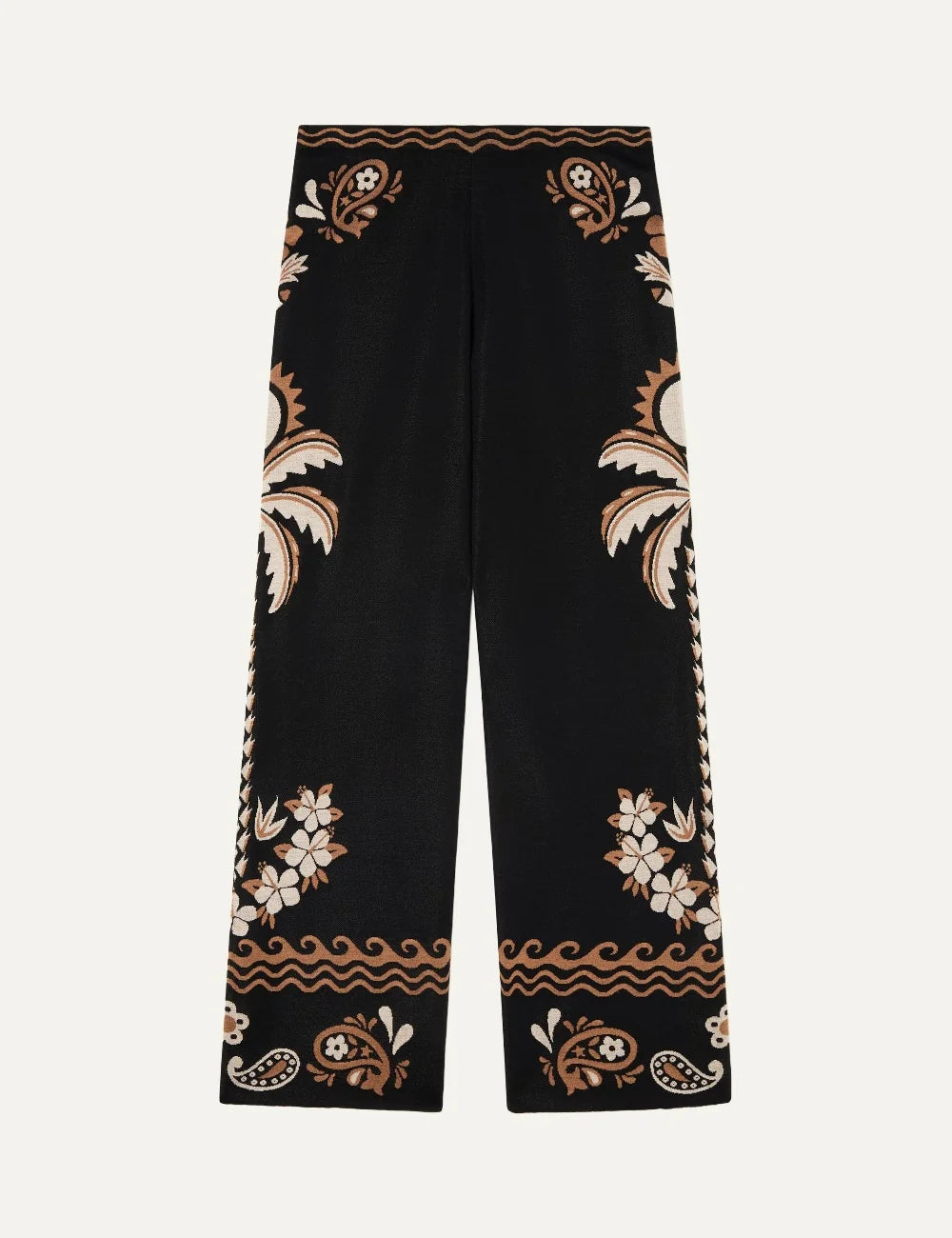 Alanui women Island Roots Foulard black wool silk jacquard pants with floral and paisley pattern